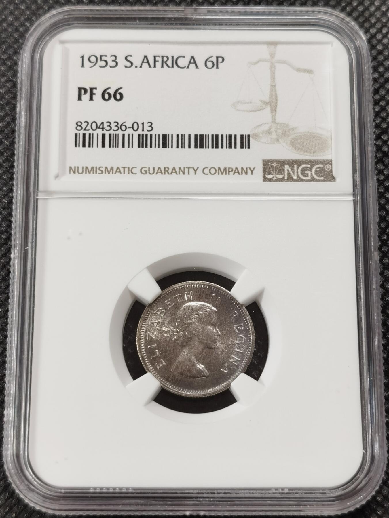 甄臻铺-世界钱币拍卖-南非西非东非专场（第10期）送拍享返佣金等优惠多多 NGC-PF66 英属南非 1953 6便士 精制 原味包浆，币面转光