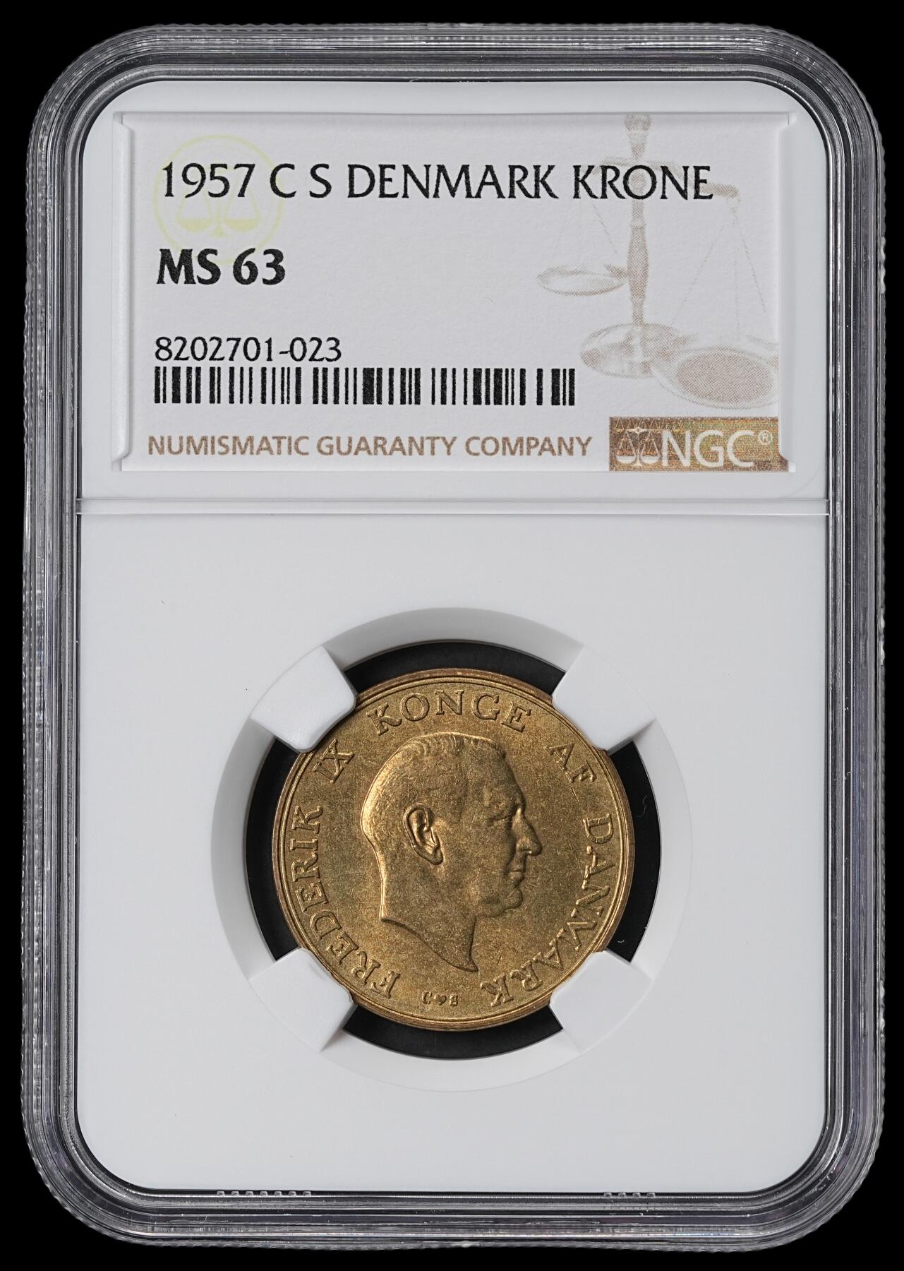 修遠堂世界钱币第六十二期 NGC MS63 1957年丹麦1克朗铜币