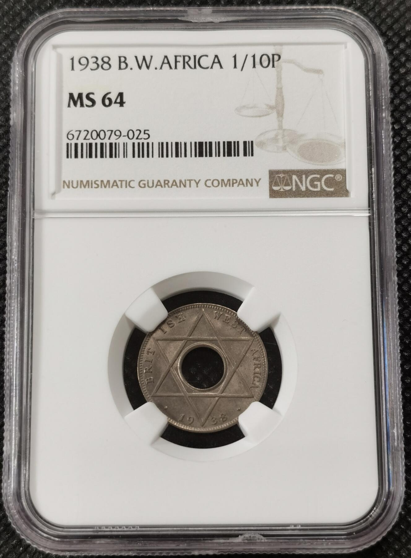 甄臻铺-世界钱币拍卖-南非西非东非专场（第10期）送拍享返佣金等优惠多多 NGC-MS64 英属西非 1938 1/10便士 状态不错