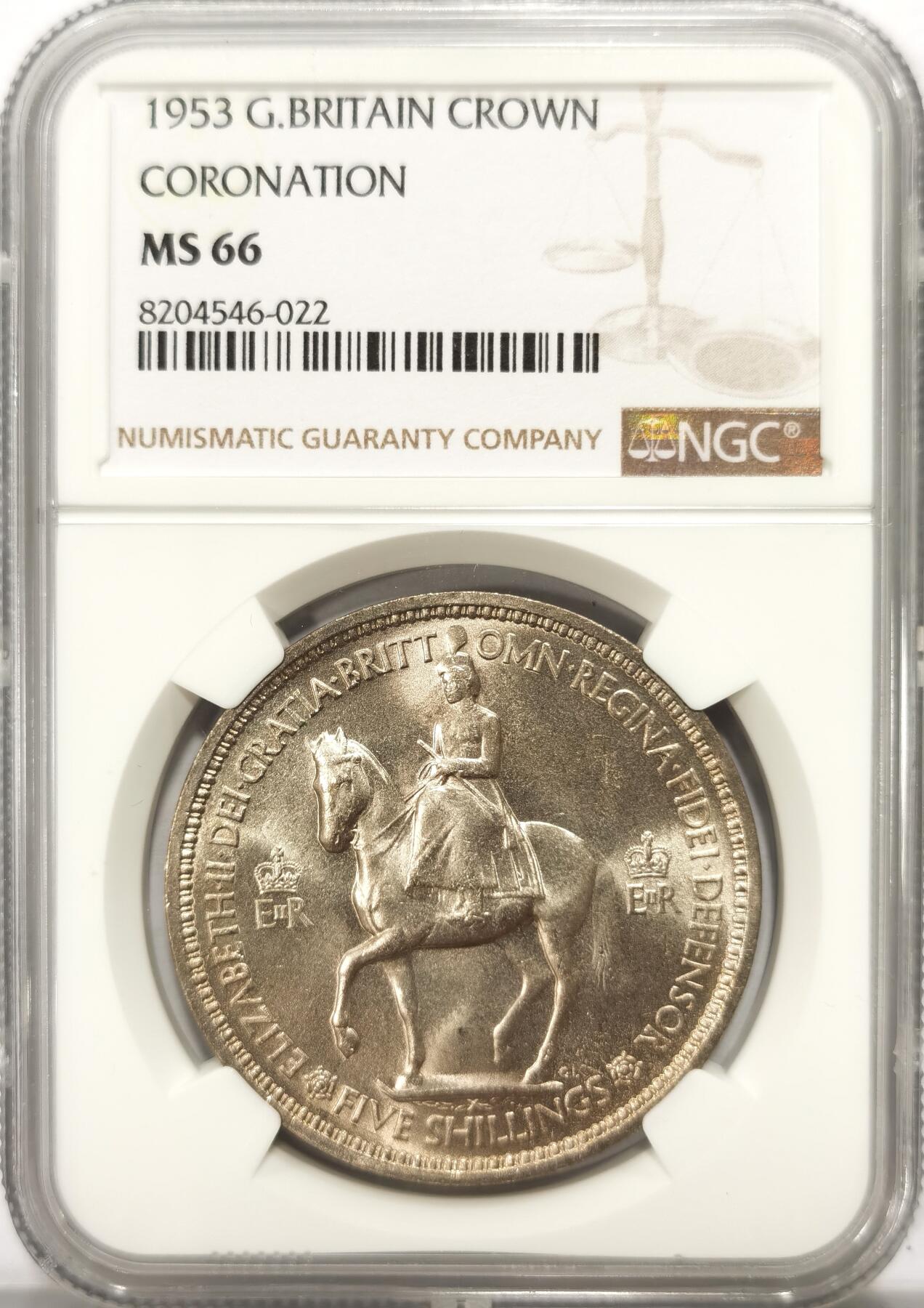 博洋堂世界钱币拍卖第115期（全场包邮） NGC MS66 英国1953年伊丽莎白二世登基纪念克朗，少见高分