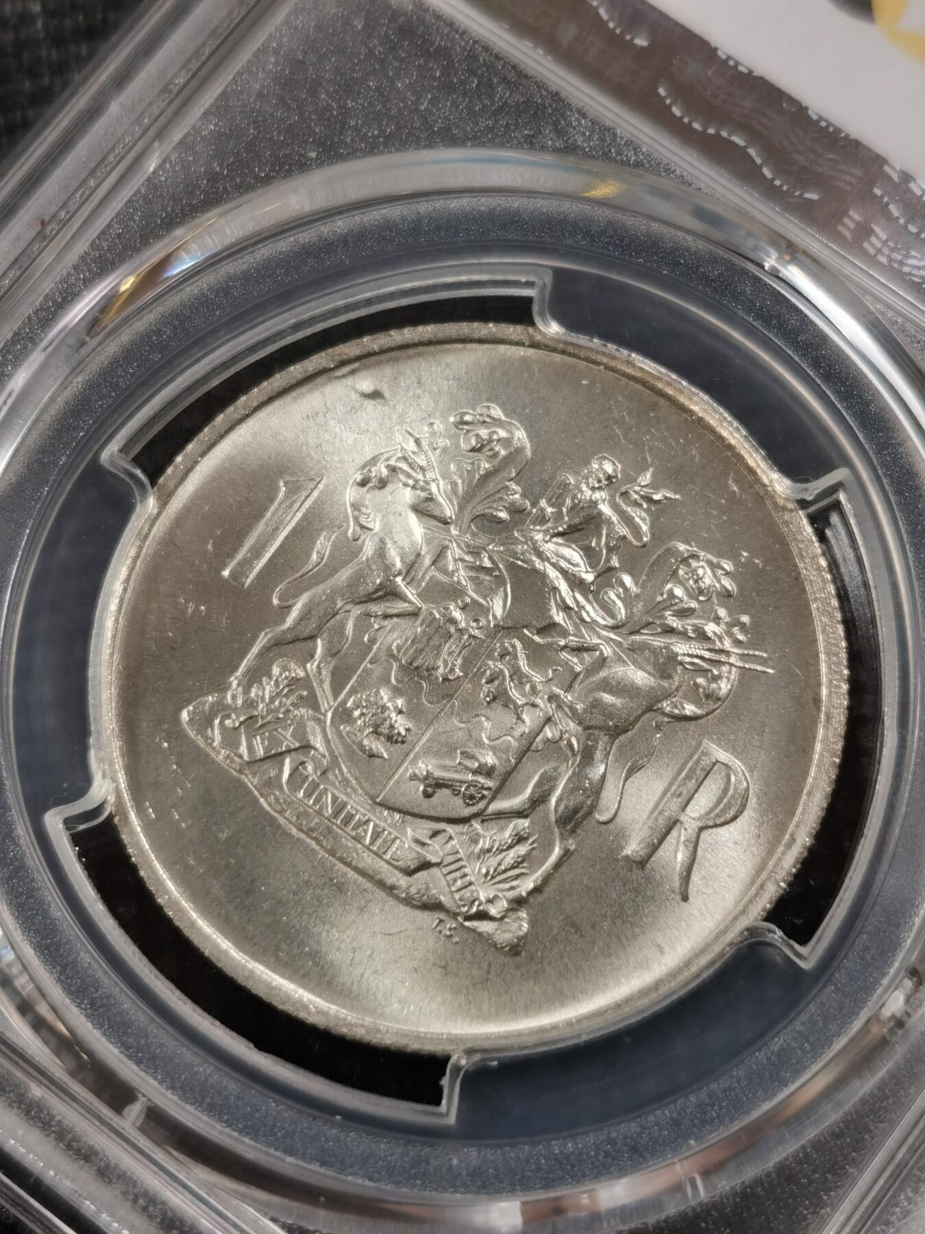 甄臻铺-世界钱币拍卖-南非西非东非专场（第10期）送拍享返佣金等优惠多多 PCGS-MS66 南非 1969 1兰特T.E.顿格斯纪念银币