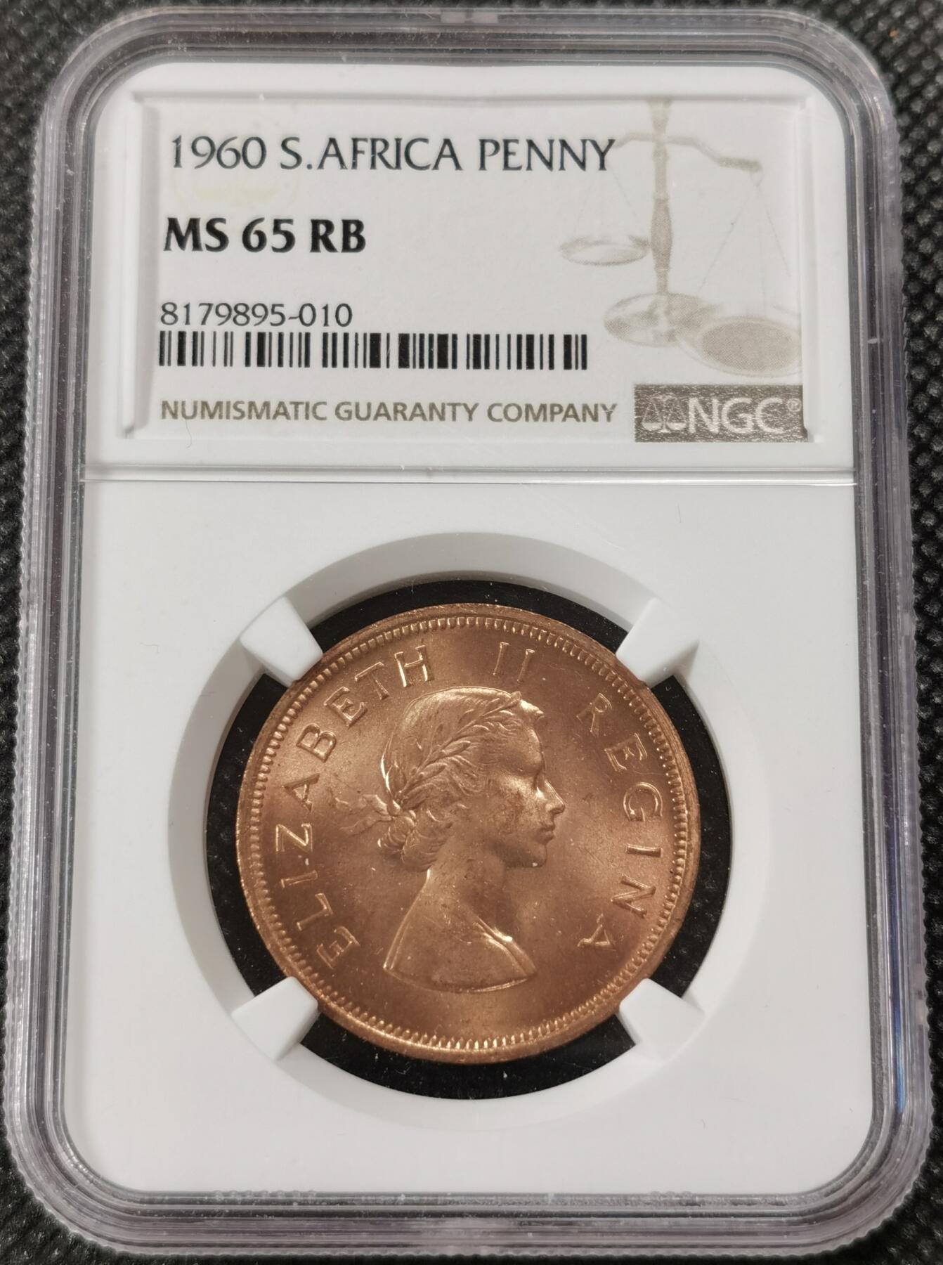 甄臻铺-世界钱币拍卖-南非西非东非专场（第10期）送拍享返佣金等优惠多多 NGC-MS65 英属南非 1960 1便士 原味包浆，币面漂亮