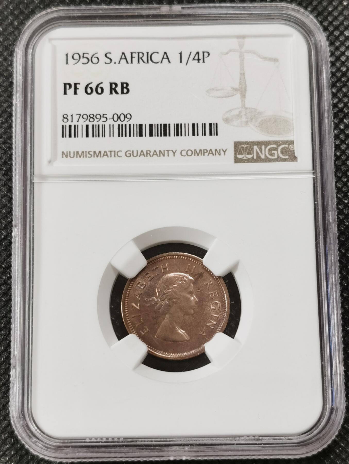 甄臻铺-世界钱币拍卖-南非西非东非专场（第10期）送拍享返佣金等优惠多多 NGC-PF66 英属南非 1956 1/4便士 精制 原味包浆，币面转光