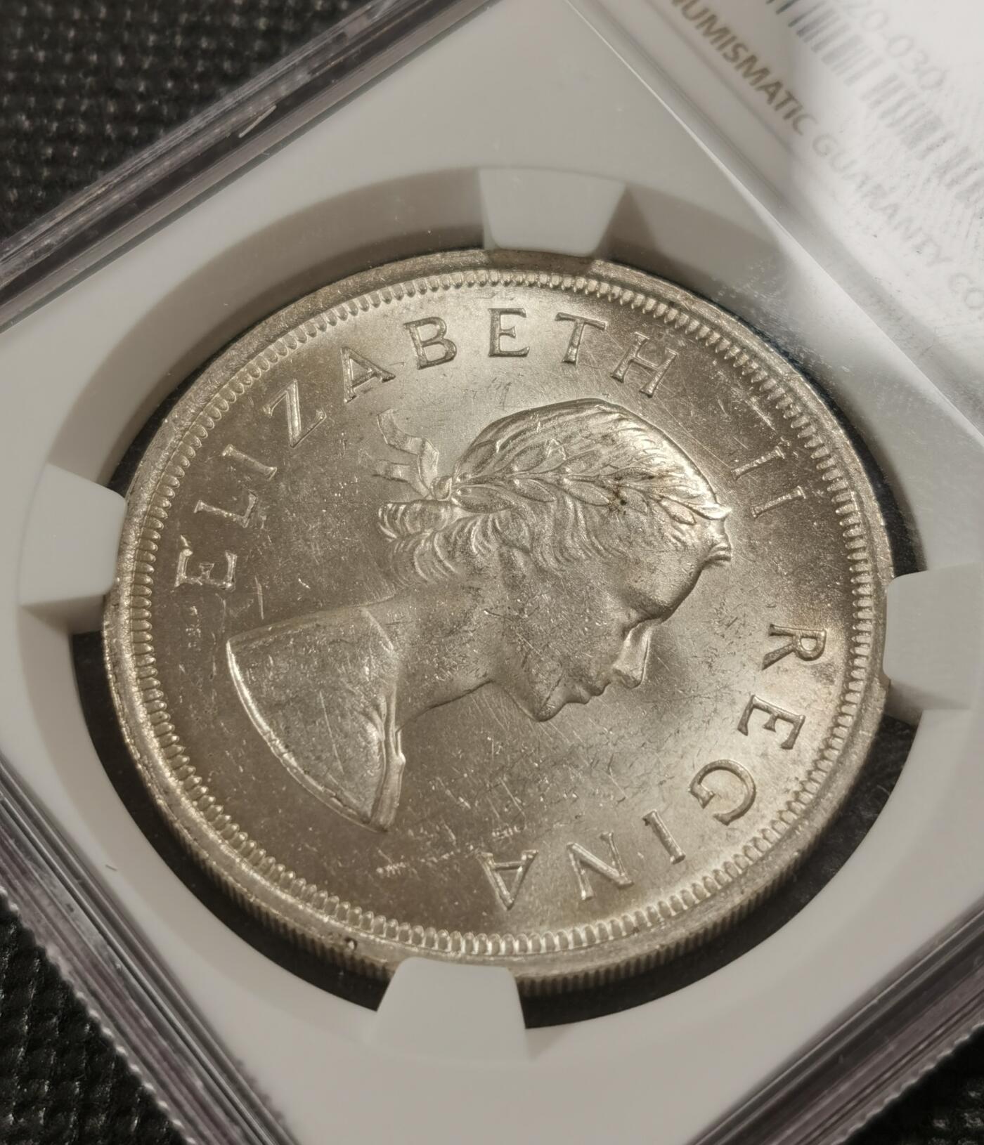 甄臻铺-世界钱币拍卖-南非西非东非专场（第10期）送拍享返佣金等优惠多多 NGC-MS63 英属南非 1957 5先令 银币 原味包浆，币面漂亮