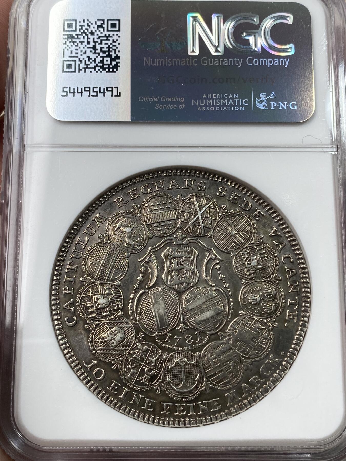 万国钱币拍卖第043期 NGC MS61 1781年德国埃因施塔特宗教缺位城市景观泰勒 德系名品之一 原味欧洲包浆 细节繁复华丽 28G大规格