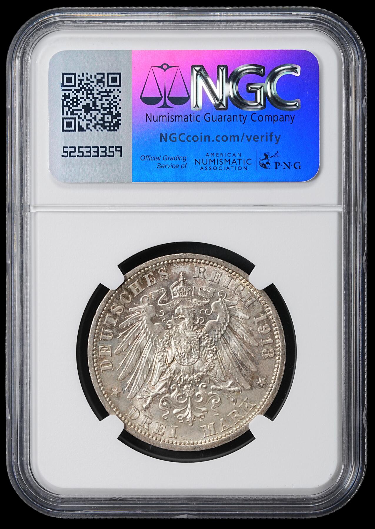 修遠堂世界钱币第六十二期 NGC MS65 1913年普鲁士威廉二十登基25周年纪念3马克银币 淡彩