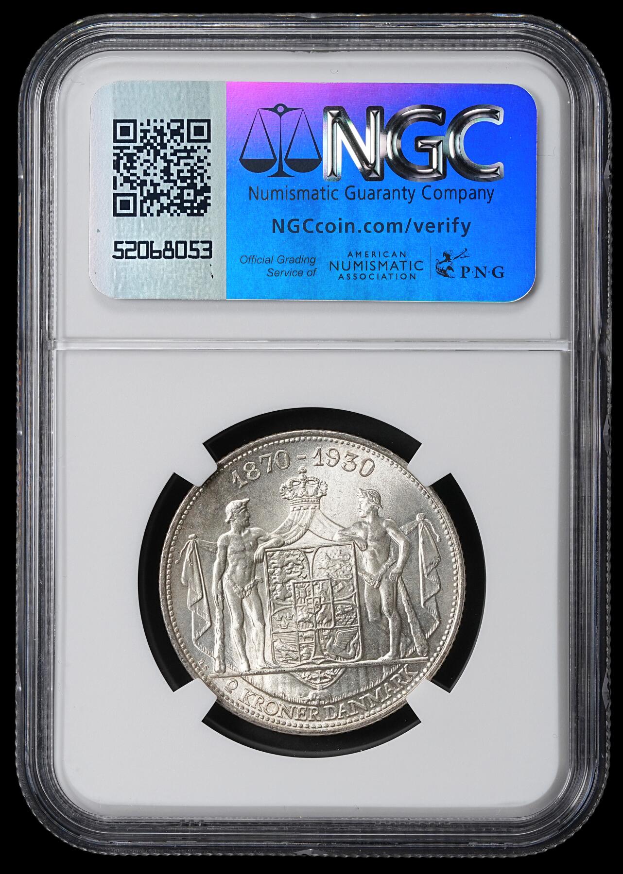 修遠堂世界钱币第六十二期 NGC MS65 1930年丹麦国王60大寿纪念2克朗银币