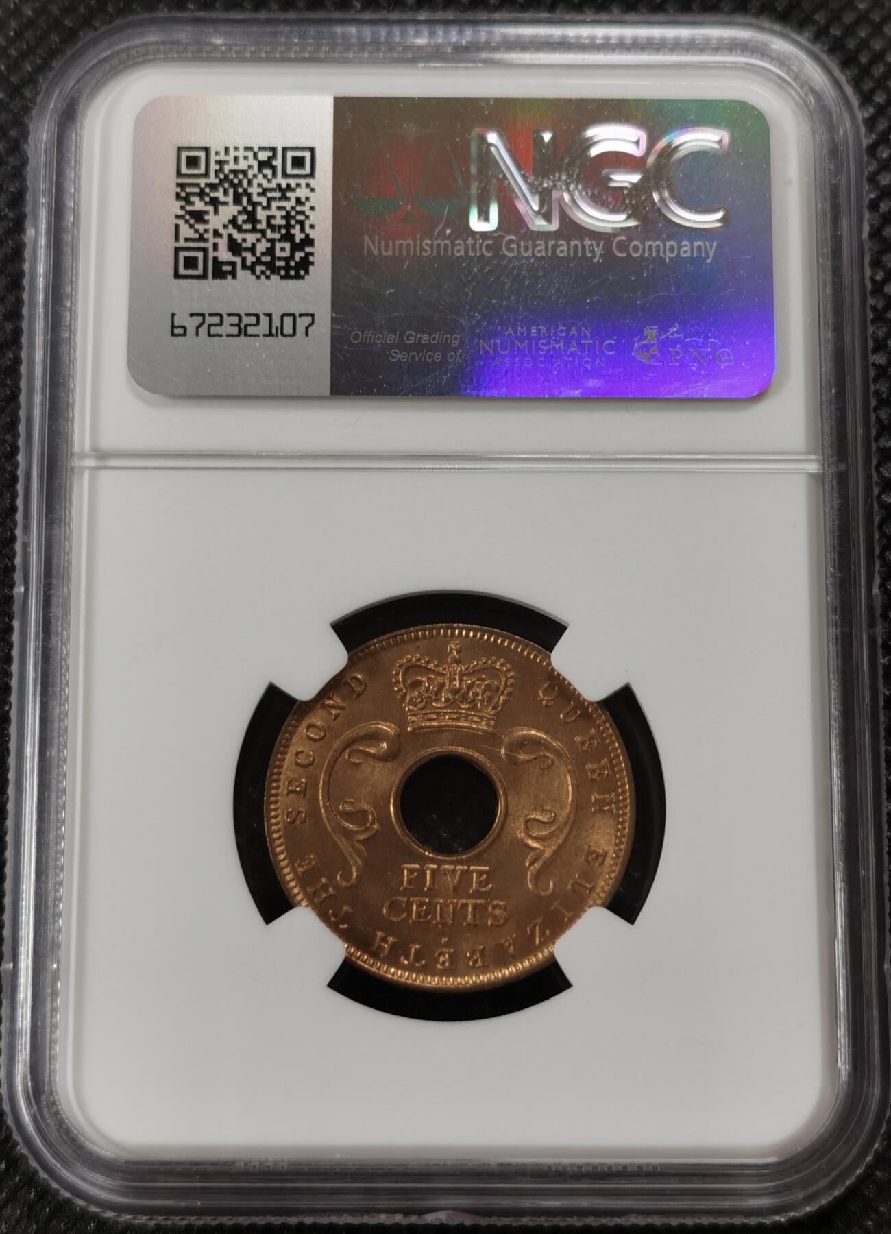 甄臻铺-世界钱币拍卖-南非西非东非专场（第10期）送拍享返佣金等优惠多多 NGC-MS65 英属东非 1956 H版 5分 原味包浆，币面漂亮