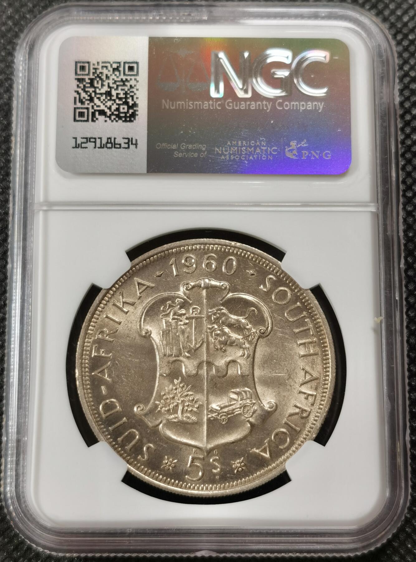 甄臻铺-世界钱币拍卖-南非西非东非专场（第10期）送拍享返佣金等优惠多多 NGC-MS62 南非联盟成立50周年 1960 5先令 银币 原味包浆，币面转光