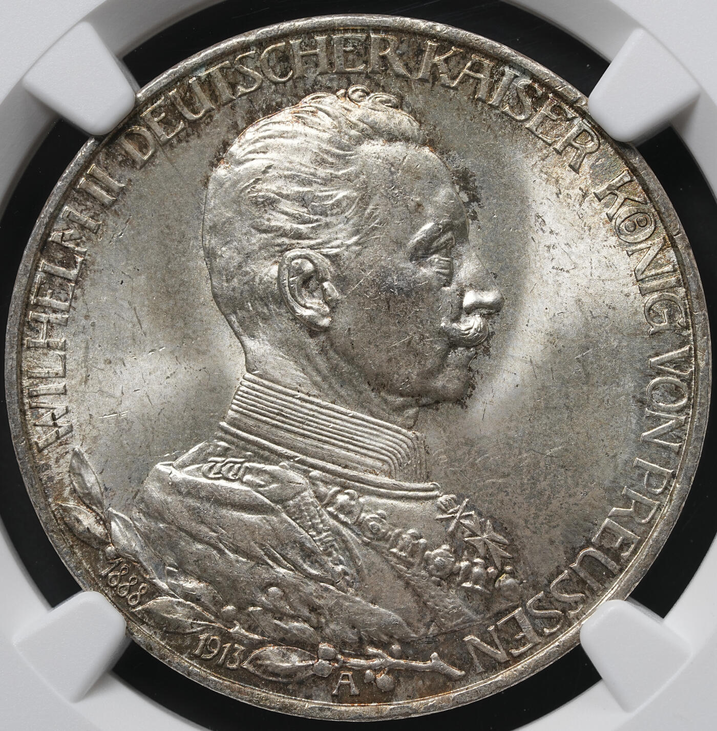 修遠堂世界钱币第六十二期 NGC MS65 1913年普鲁士威廉二十登基25周年纪念3马克银币 淡彩