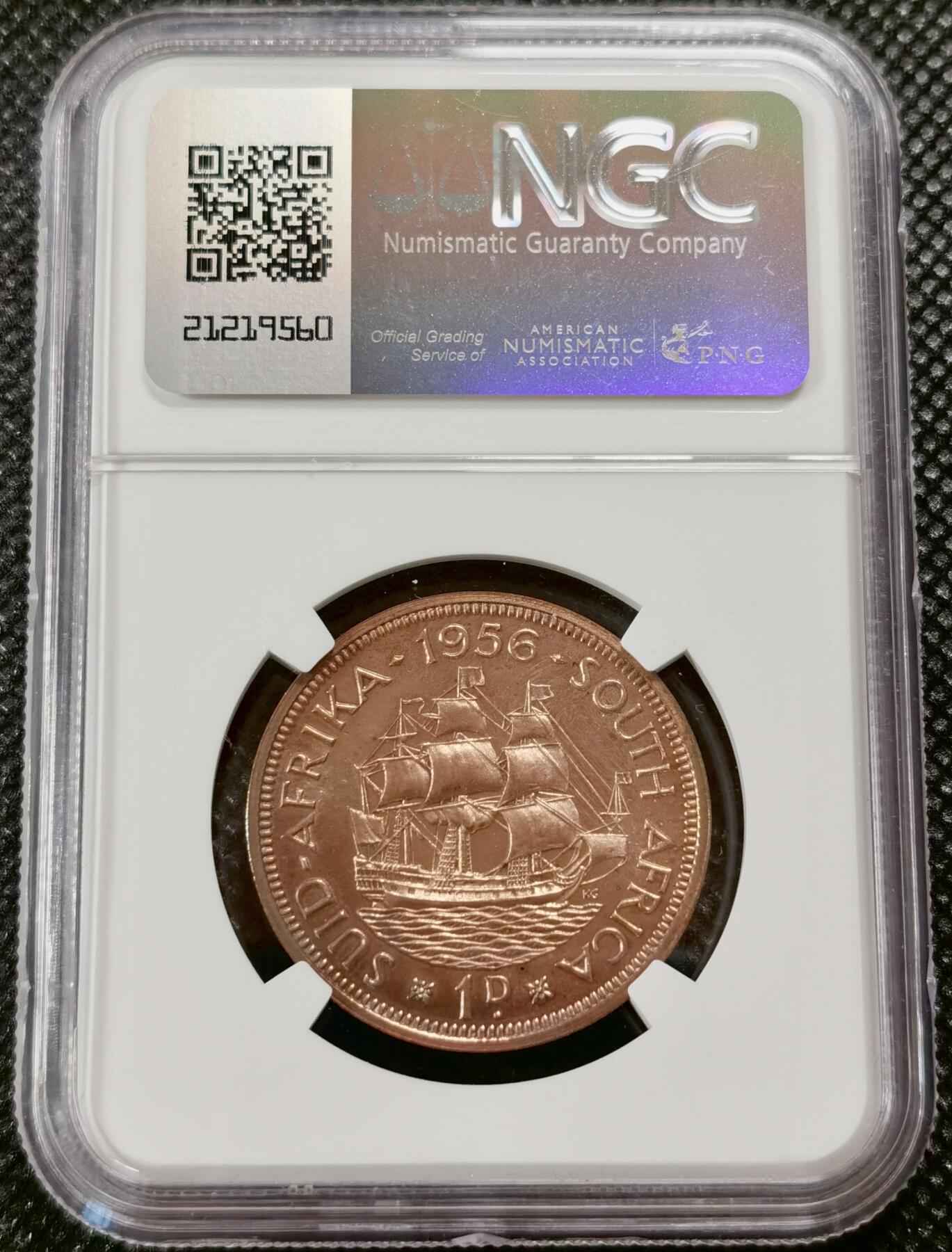 甄臻铺-世界钱币拍卖-南非西非东非专场（第10期）送拍享返佣金等优惠多多 NGC-PF63 英属南非 1956 1便士 精制 原味包浆，币面转光