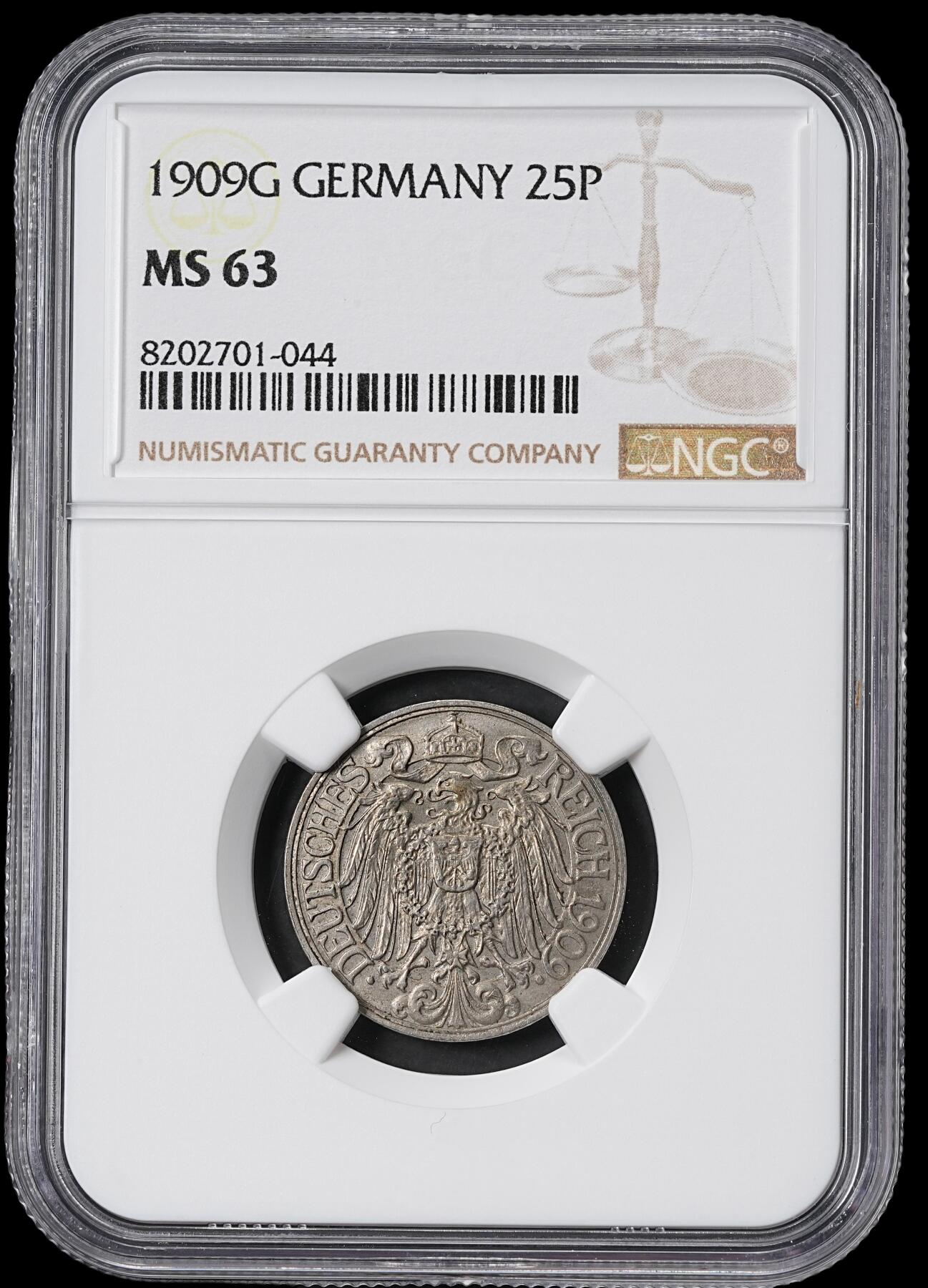 修遠堂世界钱币第六十二期 NGC MS63 1909年德国25芬尼 G厂铭 少见厂铭 仅61万铸造量