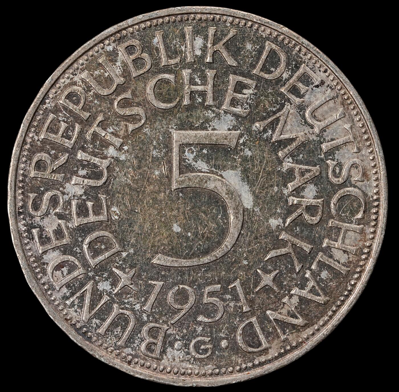 修遠堂世界钱币第六十二期 1951年西德5马克银币 G厂铭 早期年份较少的厂铭 11.01g