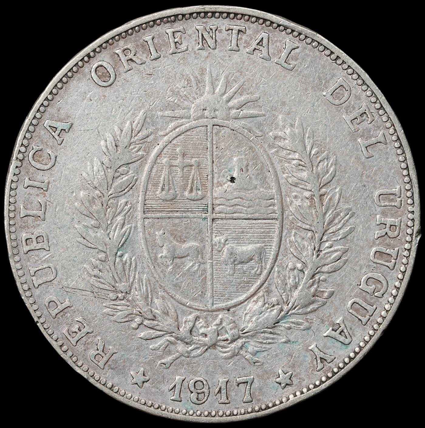 修遠堂世界钱币第六十二期 1917年乌拉圭1比索大银币 24.87g