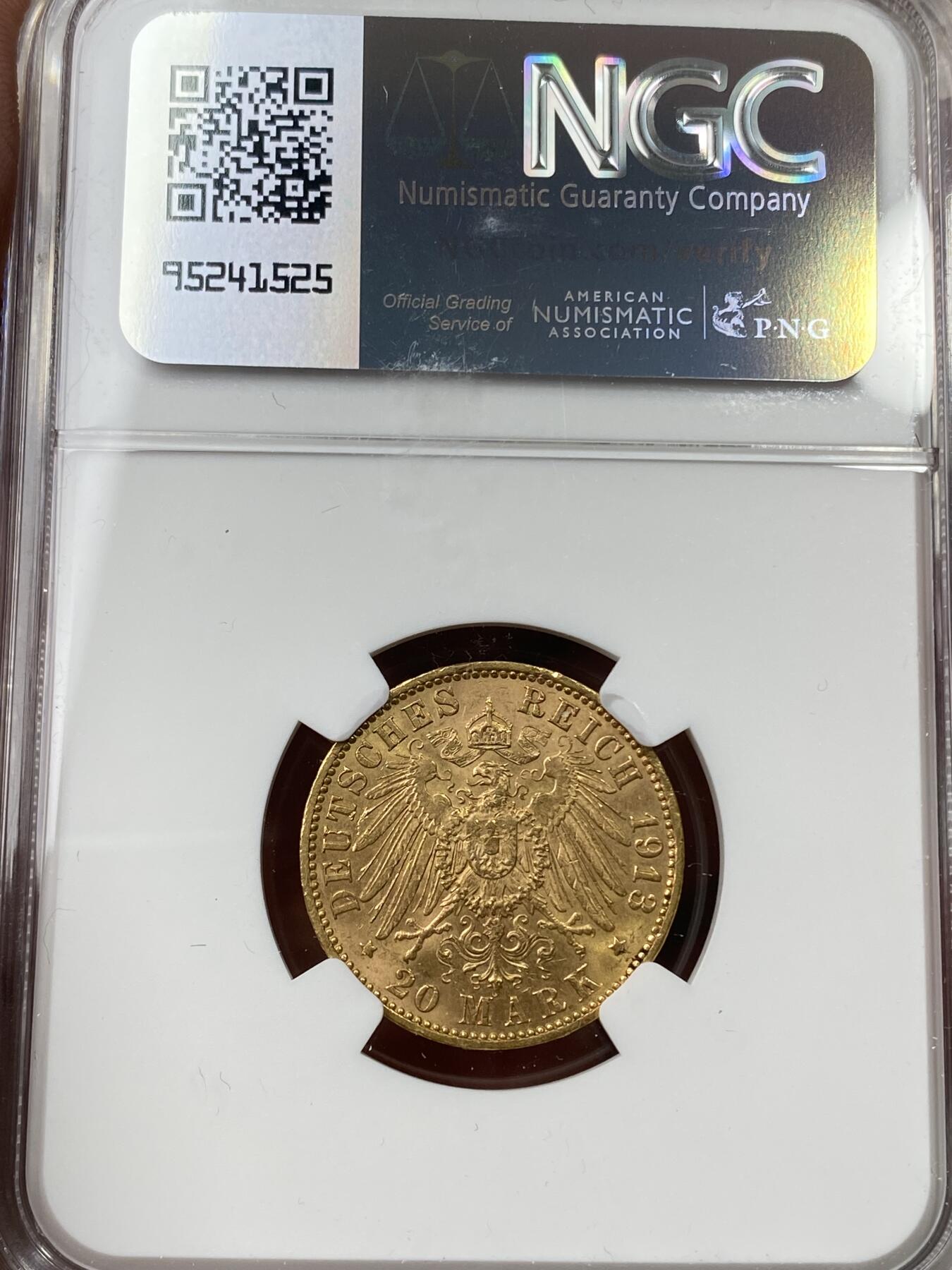 万国钱币拍卖第043期 NGC MS63 1913年德国汉堡长翅流通20马克金币 丝滑底板高点非常出色 7.96g 900金