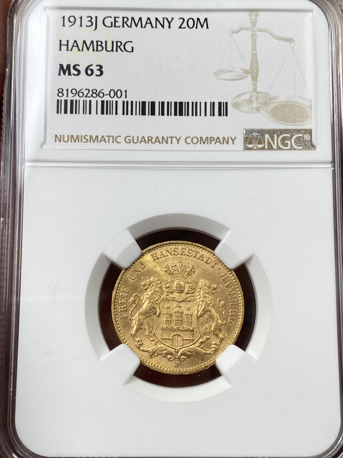 万国钱币拍卖第043期 NGC MS63 1913年德国汉堡长翅流通20马克金币 丝滑底板高点非常出色 7.96g 900金
