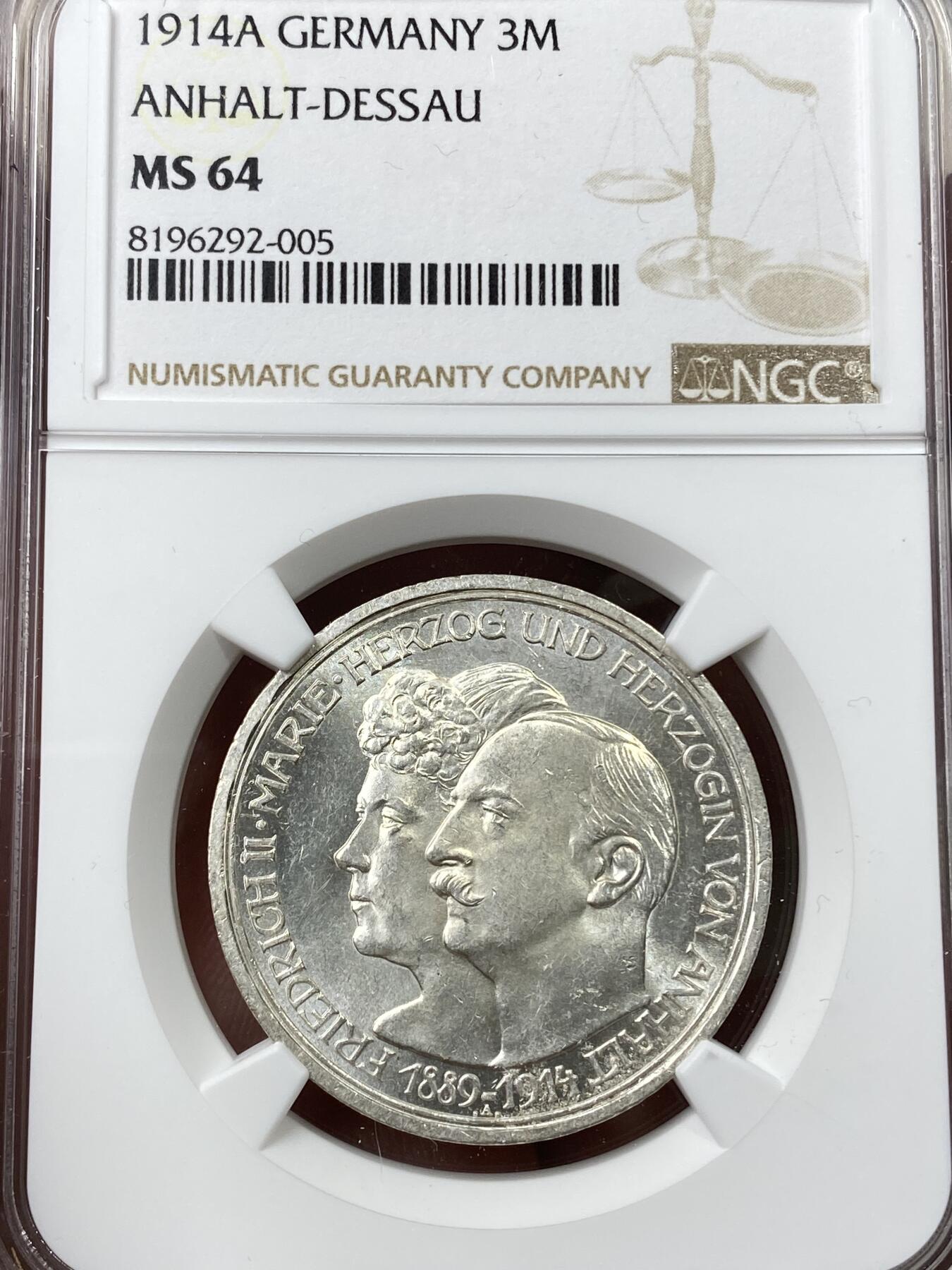 万国钱币拍卖第043期 NGC MS64 1914年德国安哈特-德邵弗里德里希二世银婚纪念3马克 超绝十字转光