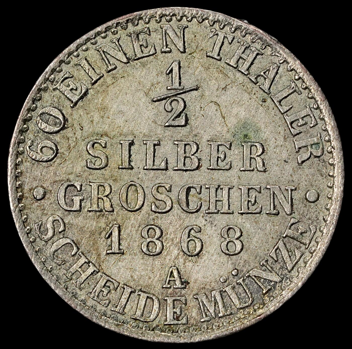 修遠堂世界钱币第六十二期 1868年普鲁士1/2银格罗申 1.1g