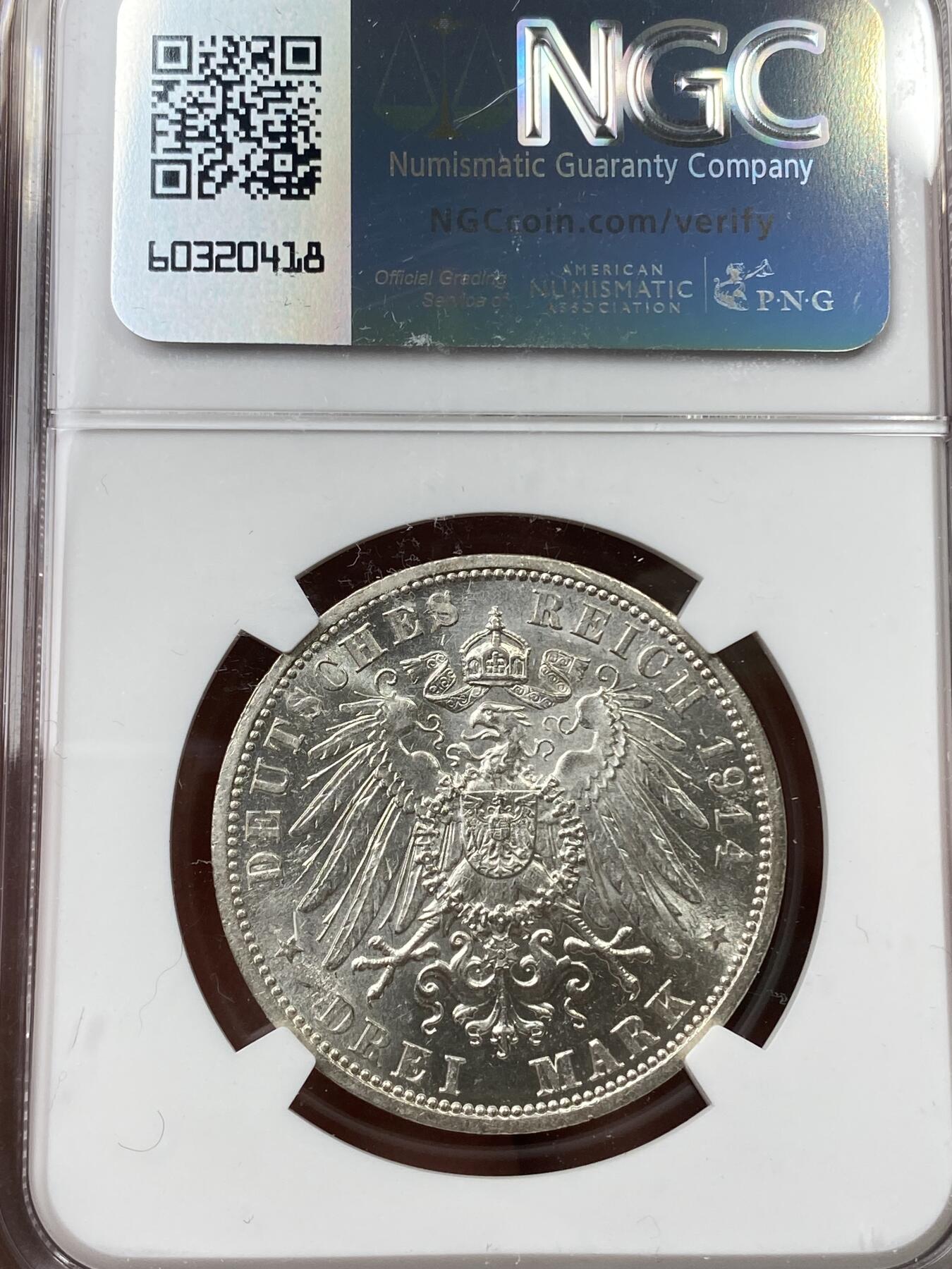 万国钱币拍卖第043期 NGC MS64 1914年德国安哈特-德邵弗里德里希二世银婚纪念3马克 超绝十字转光