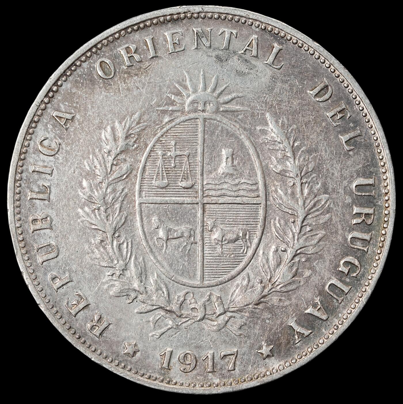 修遠堂世界钱币第六十二期 1917年乌拉圭50分银币 12.39g