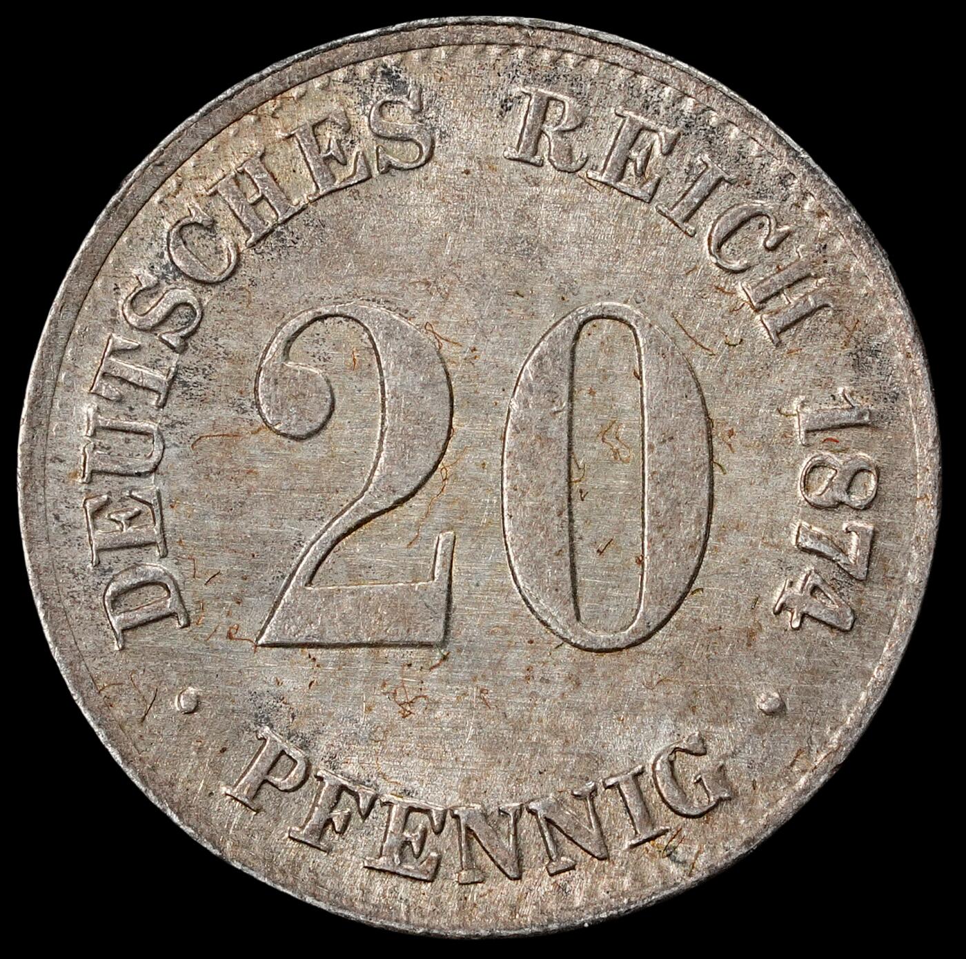 修遠堂世界钱币第六十二期 1874年德国20芬尼银币 E厂铭 比较少见的品种 1.11g