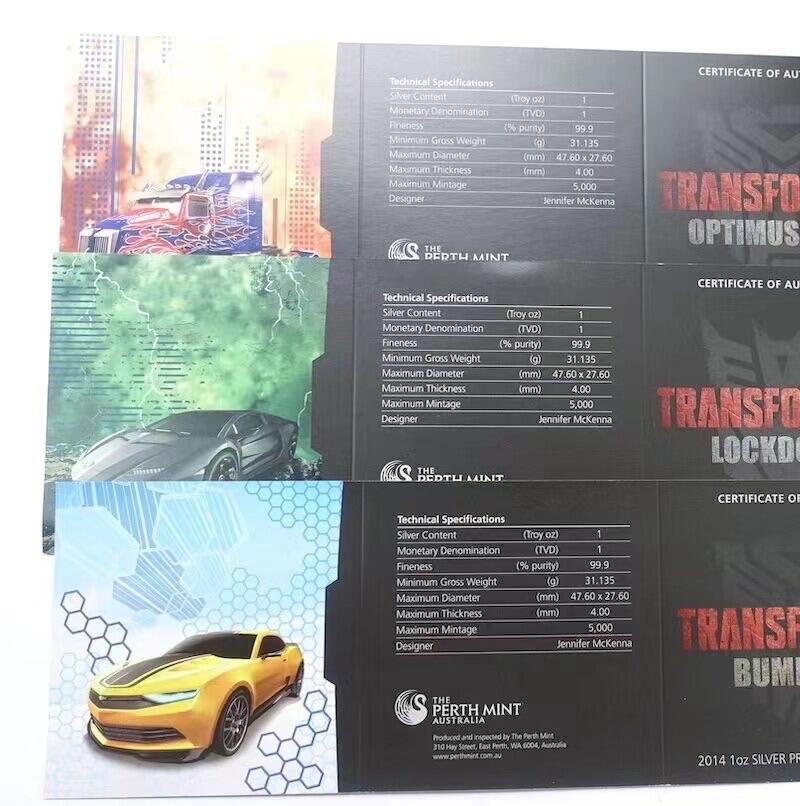 【金钰满堂钱币第三十九期】中国金银币/NGC.PMG评级币/金总封装币/投资熊猫币 图瓦卢2014年变形金刚.精制长方形幻彩银币.1盎司*3枚.豪华包装版