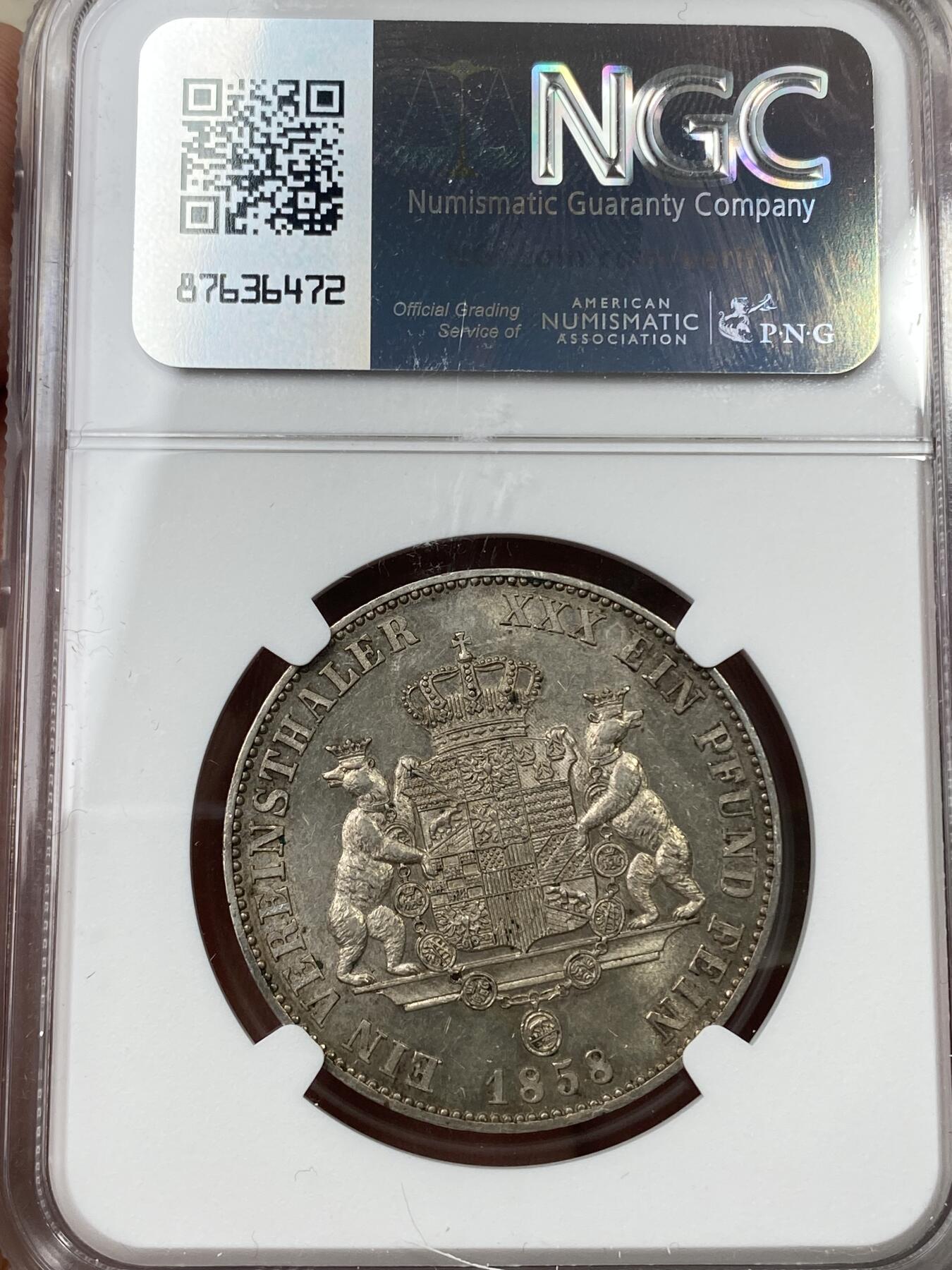 万国钱币拍卖第043期 NGC MS62 1858年德国安哈尔特-德邵双熊流通1泰勒 原味首年版本全深打 熊毛粒粒分明 难度极大的流通小邦品种