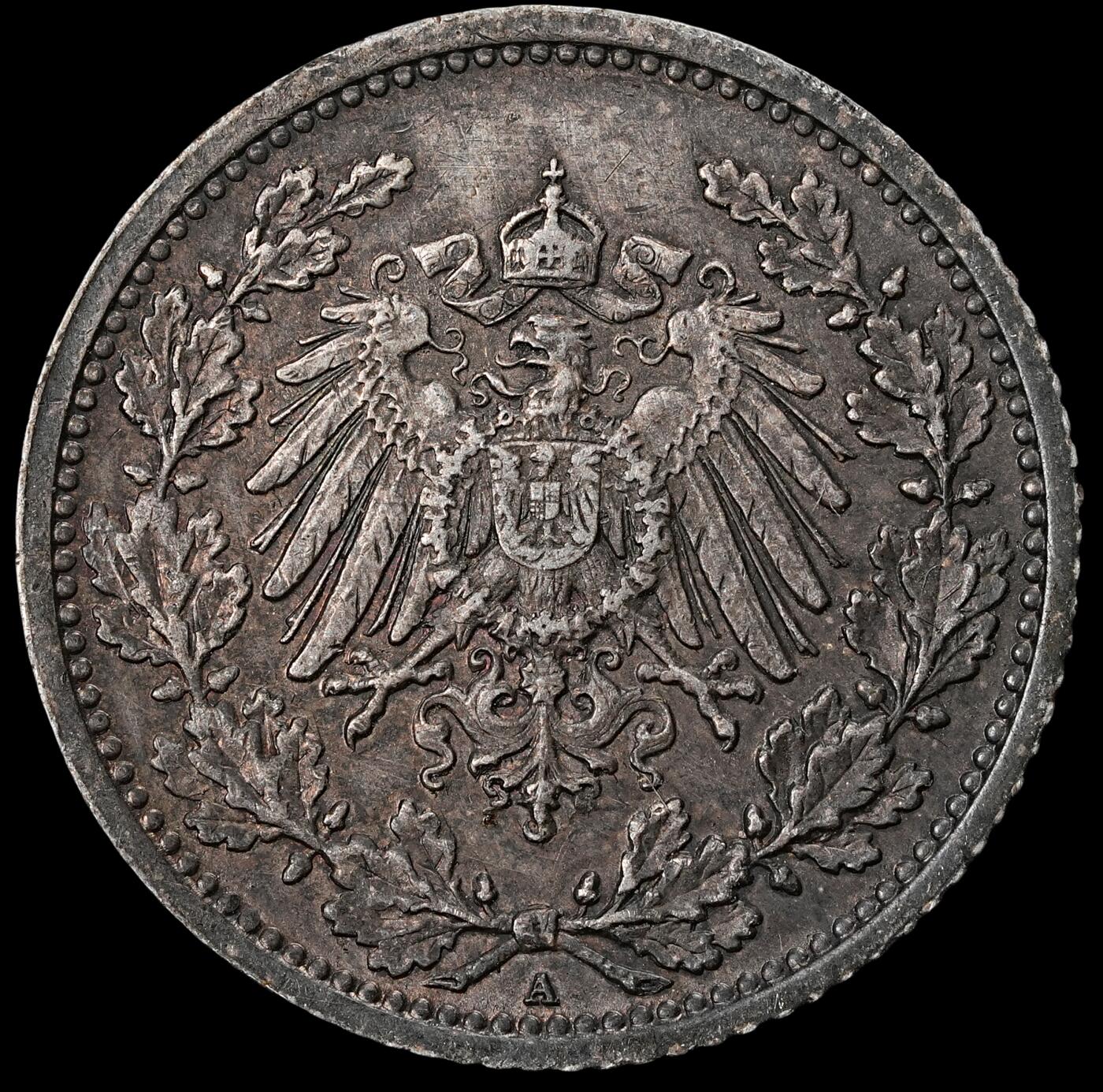 修遠堂世界钱币第六十二期 1905年德国1/2马克银币 A厂铭 2.77g