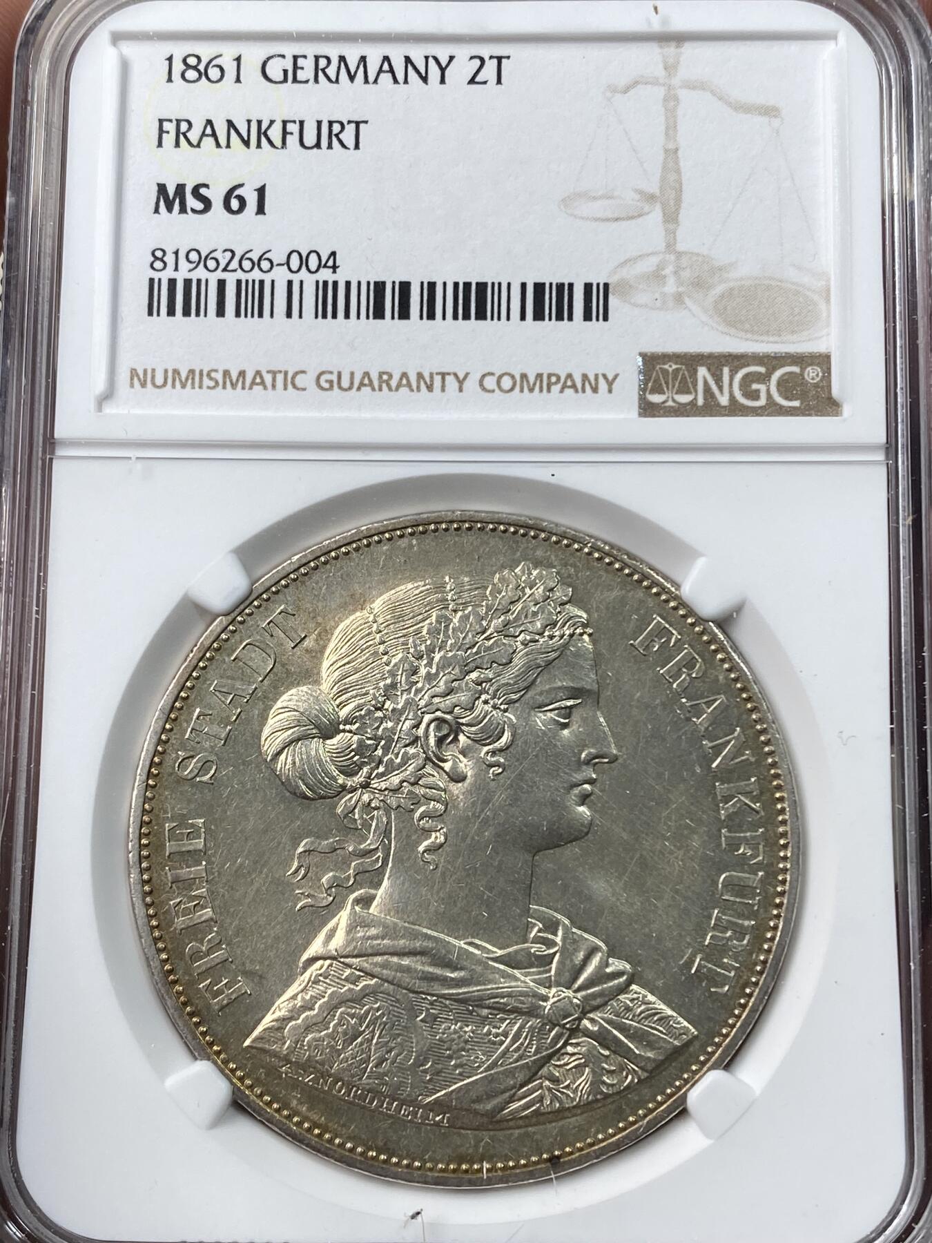万国钱币拍卖第043期 NGC MS61 1861年德国法兰克福少女流通2泰勒 原光淡彩状态喜人