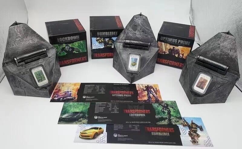 【金钰满堂钱币第三十九期】中国金银币/NGC.PMG评级币/金总封装币/投资熊猫币 图瓦卢2014年变形金刚.精制长方形幻彩银币.1盎司*3枚.豪华包装版