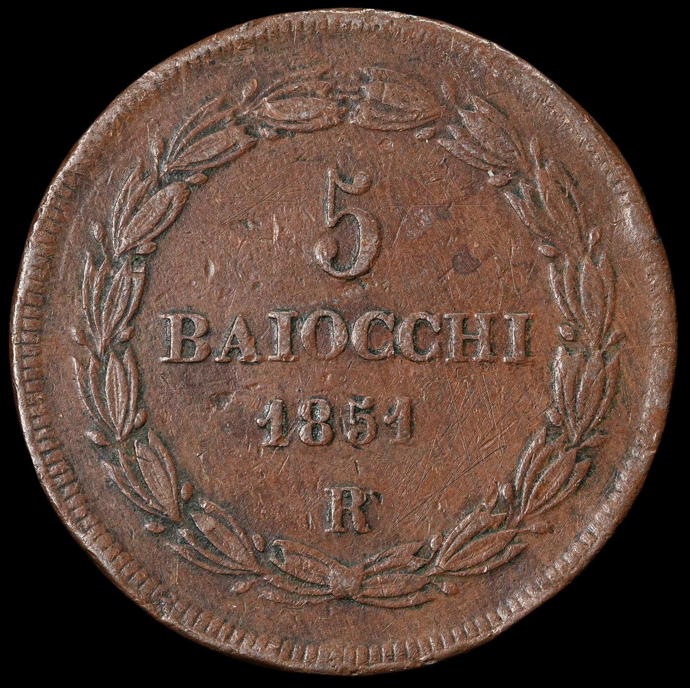 修遠堂世界钱币第六十二期 1851年教皇国5 BAIOCCHI大铜币 39.47g