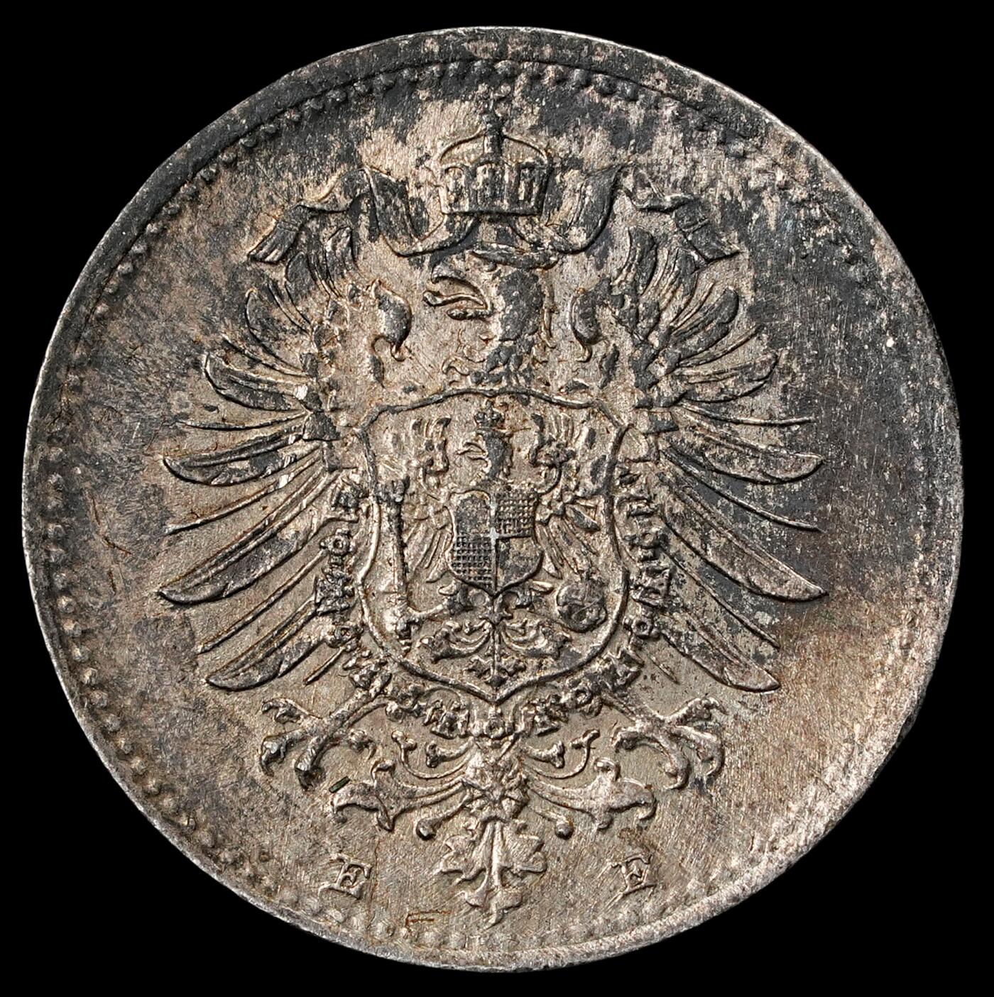 修遠堂世界钱币第六十二期 1874年德国20芬尼银币 E厂铭 比较少见的品种 1.11g
