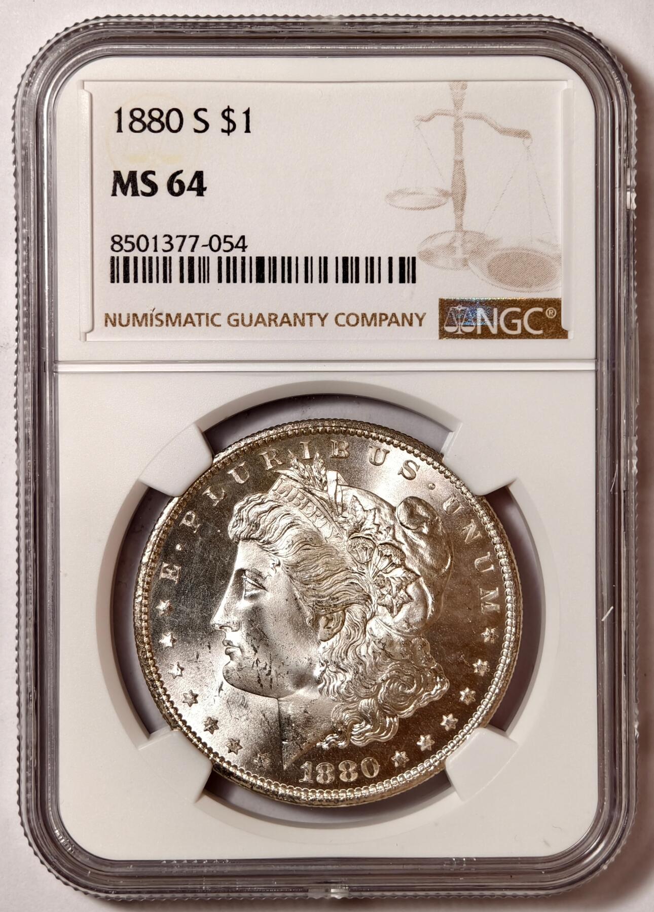 紫瑗钱币——第532期  美国 1880年 S版 摩根 大头妹 1美元 银币 NGC MS64