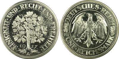 万国钱币拍卖第043期 - PCGS PR65CAM 1927德国魏玛共和国时期精制橡树5马克 魏玛时期比较漂亮的品种，精制工艺也相当到位，非常漂亮的镜面喷砂，PC老评水晶盒。