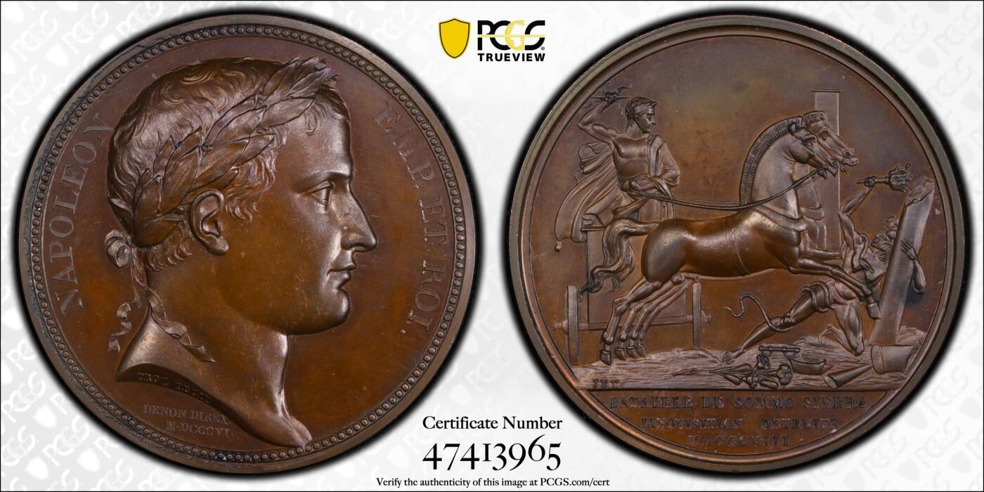 万国钱币拍卖第043期 PCGS SP64 1808年法国拿破仑索莫谢拉战役纪念原铸铜章，PC冠军分&广告封面章，完美收藏级品质。