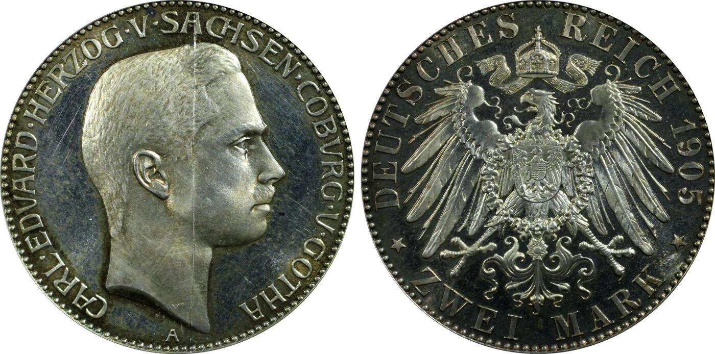 万国钱币拍卖第043期 PCGS PRD 1905年德国萨克森-科堡-哥达精制2马克 绝对的高端品种，十几年前欧拍BU级别裸币购回，后送评PC开箱时不慎被美工刀划伤，实在可惜了这么好的品相，但除了划伤外颜值依旧能打。