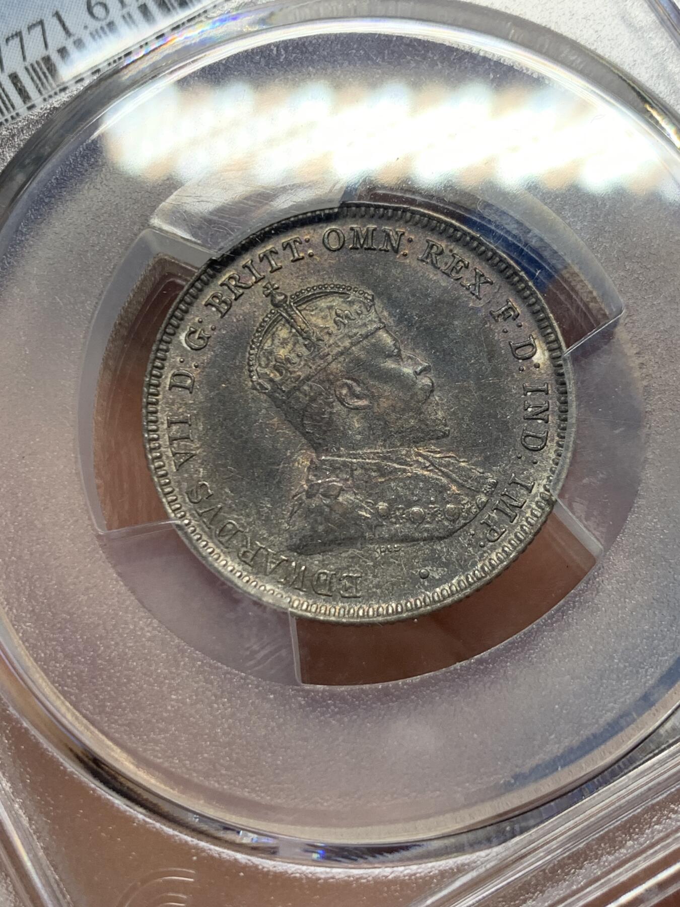 《竞宝斋》第365场 周日，周一 2场连拍 （全场包邮） PCGS MS61 澳大利亚1910年爱德华七世1先令银币，独年版，少见品种。双面紫色调深彩，状态很好，低评。外拍价高，60分书价200美元