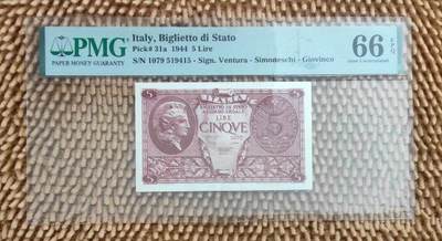 05月18日 世界币章 - 少品：1944年 意大利 5里拉 PMG-66-EPQ
