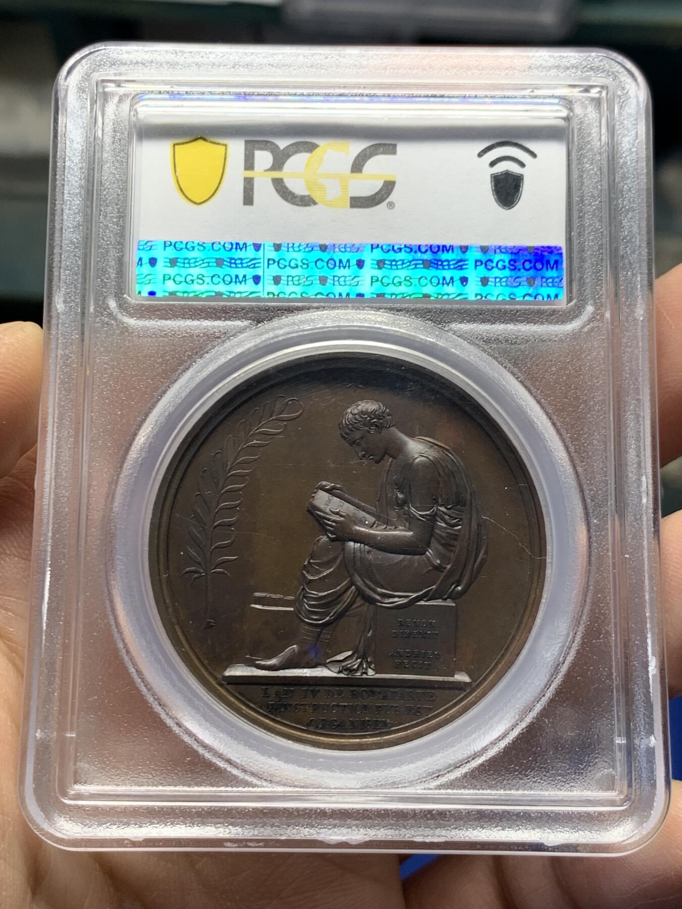 《竞宝斋》第365场 周日，周一 2场连拍 （全场包邮） PCGS SP64 法国1802拿破仑凯撒头原铸铜章 背面古罗马装扮的男神低头阅读 高分不易 季军分 仅三枚更高分 PCGS加厚盒