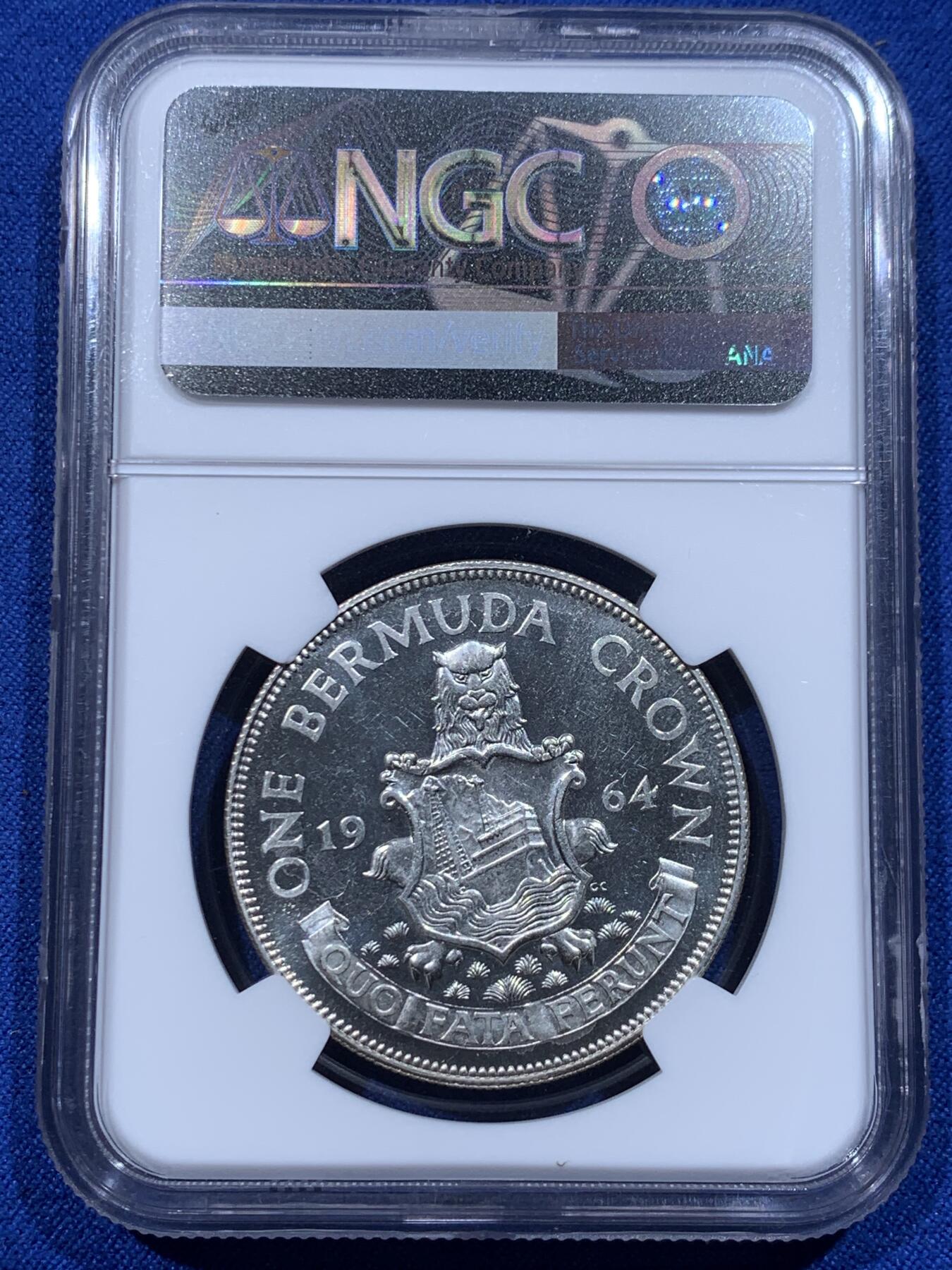 《竞宝斋》第365场 周日，周一 2场连拍 （全场包邮） NGC PF66CAMEO 百慕大1964年伊丽莎白二世精制克朗银币