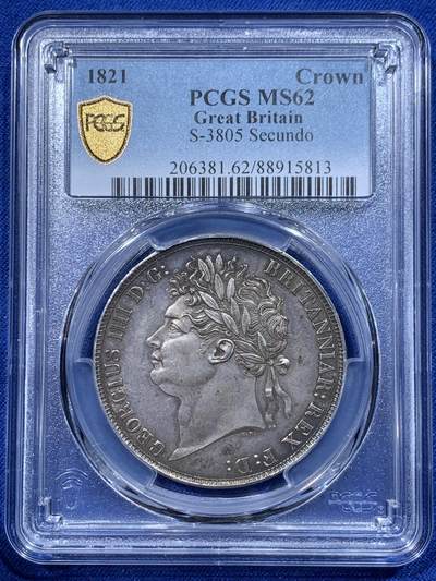 《竞宝斋》第365场 周日，周一 2场连拍 （全场包邮） - PCGS MS62 英国1821年乔治四世马剑克朗，马剑面状态佳，铸型深峻、底板光洁、低评状态、足以入藏品质，英系收藏名誉品，马剑系列中最热门币种，评级、拍卖数量少。