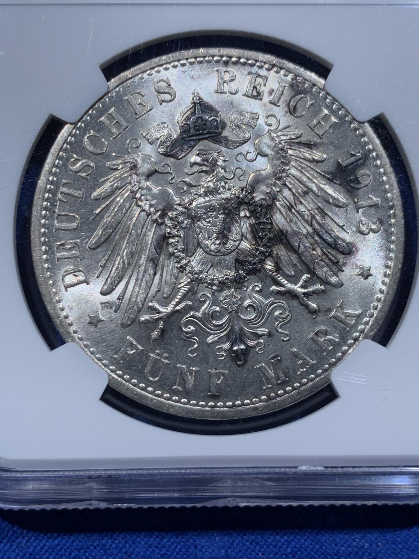 《竞宝斋》第365场 周日，周一 2场连拍 （全场包邮） NGC MS61 德国普鲁士1913A威廉二世5马克银币