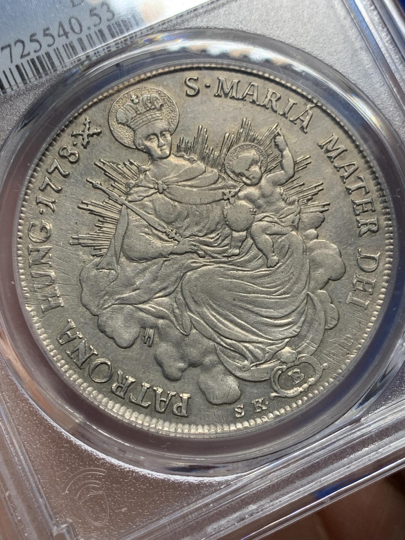 《竞宝斋》第365场 周日，周一 2场连拍 （全场包邮） PCGS AU53 匈牙利1778年圣母抱婴泰勒，克雷姆尼察造币厂，大奶妈早期圣母抱婴泰勒少见