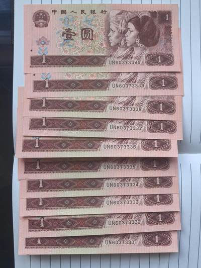 综合藏品场.喜欢出价就得！无套路无托.诚信惠友交友！自动快拍. 1996年1元纸币10连号.UN60373331-UN60373340.含狮子号3333.品相9品.实图拍摄.诚信低价！给喜欢的朋友！本店铺所有商品多单合邮.5单包邮！保真包老包原票！