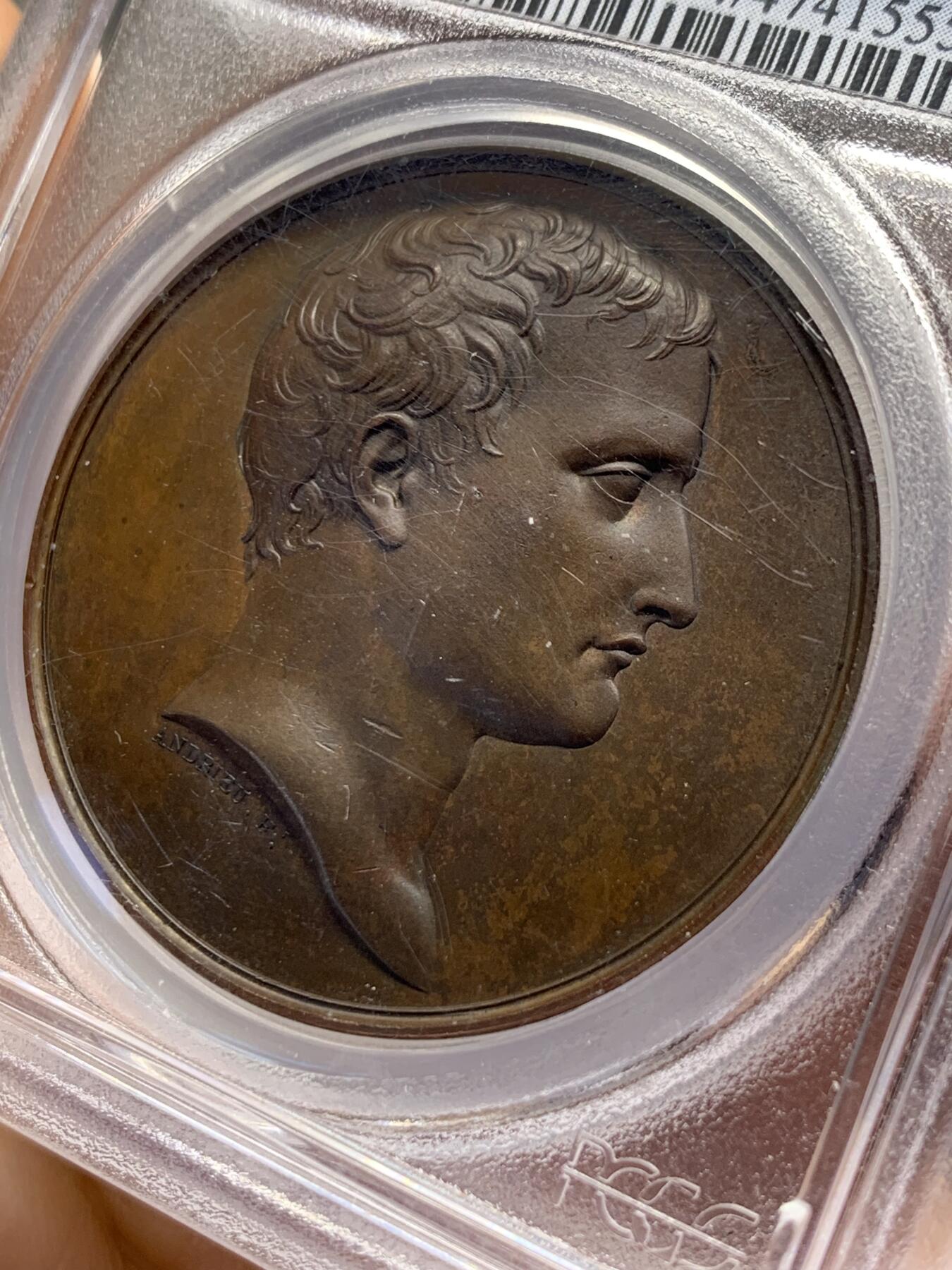 《竞宝斋》第365场 周日，周一 2场连拍 （全场包邮） PCGS SP64 法国1802拿破仑凯撒头原铸铜章 背面古罗马装扮的男神低头阅读 高分不易 季军分 仅三枚更高分 PCGS加厚盒