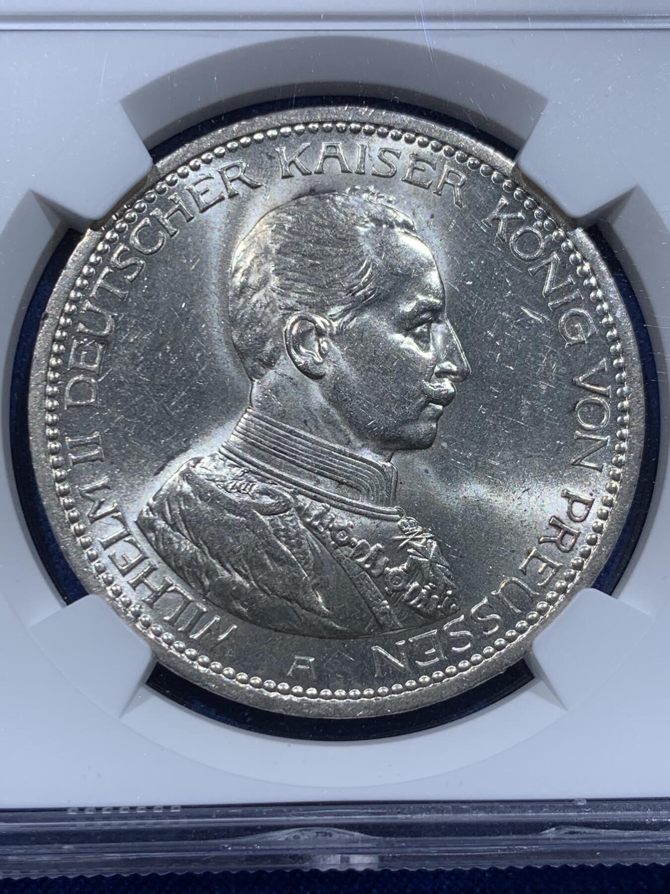 《竞宝斋》第365场 周日，周一 2场连拍 （全场包邮） NGC MS61 德国普鲁士1913A威廉二世5马克银币