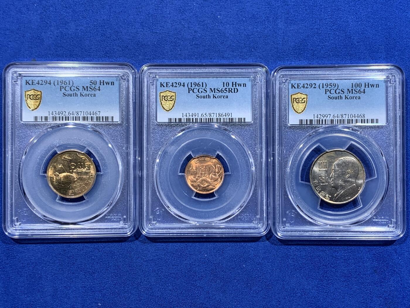 《竞宝斋》第365场 周日，周一 2场连拍 （全场包邮） PCGS MS65/64/64 韩国1959年-1961年总统李承晚 10/50/100韩元 高品难得的流通版一套三枚 其中一个亚军两个季军