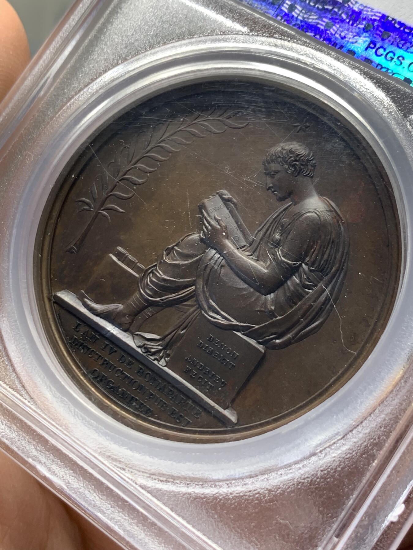 《竞宝斋》第365场 周日，周一 2场连拍 （全场包邮） PCGS SP64 法国1802拿破仑凯撒头原铸铜章 背面古罗马装扮的男神低头阅读 高分不易 季军分 仅三枚更高分 PCGS加厚盒