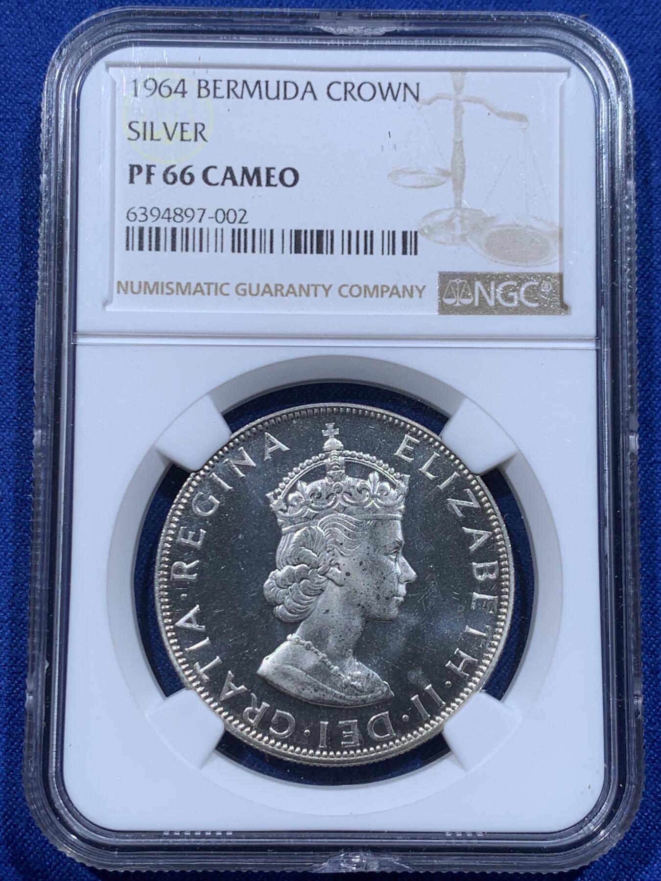 《竞宝斋》第365场 周日，周一 2场连拍 （全场包邮） NGC PF66CAMEO 百慕大1964年伊丽莎白二世精制克朗银币
