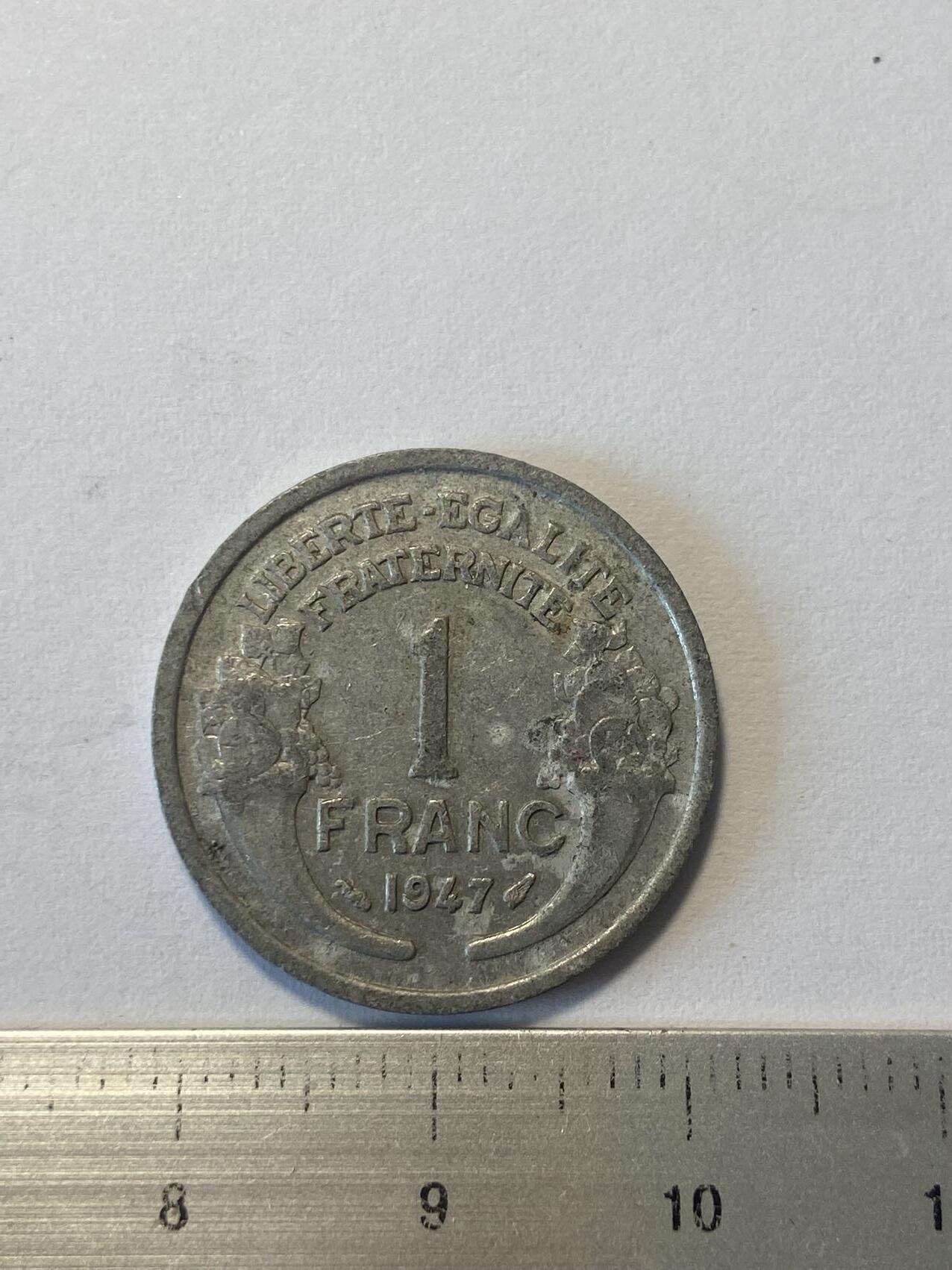 世界各国流通币纪念币等，第三期 1947年法国1法郎，旧品，铝制品